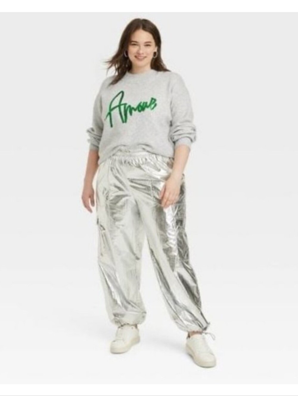 NWT XL AMOUR Sequin Letter A New Day Grey And Green Sweater Cozy Core Swiftly